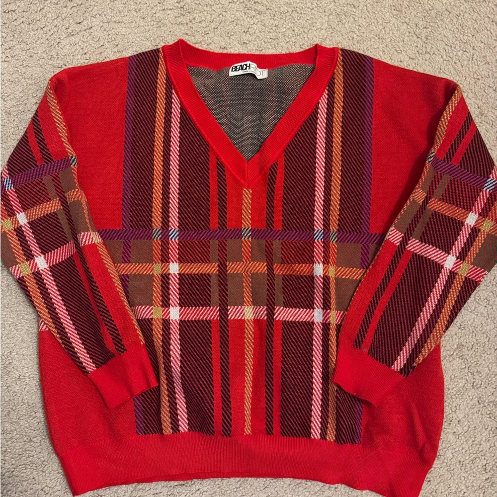 Beach Riot Red Plaid V-Neck Sweater - Picture 3 of 3